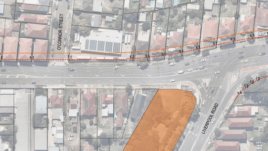 Houses at risk from the widening of Parramatta Road (red dotted line marks edge of the new road, the orange line the edge of the space including pavement).