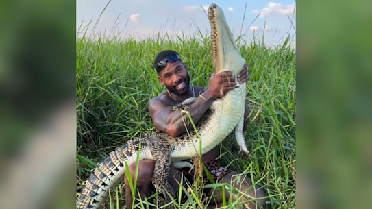 American influencer Mike Holston handling a juvenile saltwater crocodile in Far North Queensland.