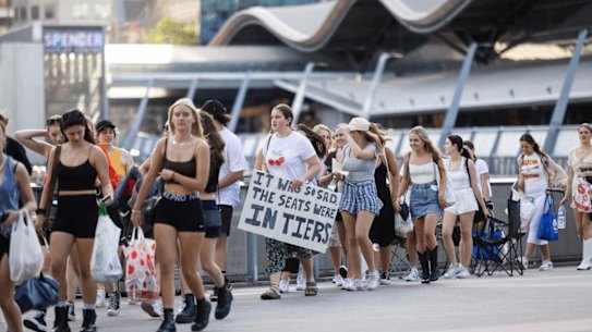 Harry Styles fans queuing at Southern Cross Station ahead of his first Melbourne concert on February 24, 2023.