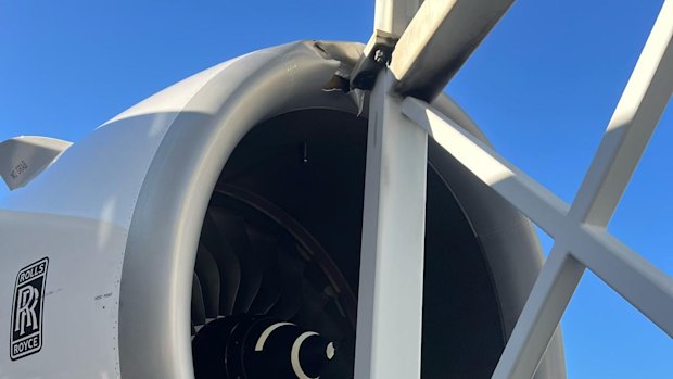 Part of an aerobridge hit a Qantas A380’s engine at Sydney Airport on Saturday morning.