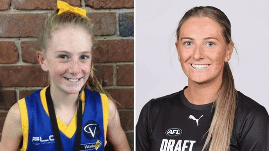 AFLW draft prospect Mikayla Williamson in her under-12 days playing football for Carrum Patterson Lakes (left), and more recently as a Victorian Country representative.
