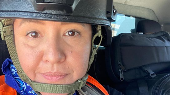 A photo that Zomi Frankcom sent her family on Monday as she crossed a checkpoint.