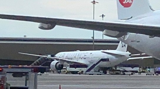 The Singapore Airlines Boeing 777-300ER on the tarmac at Bangkok’s Suvarnabhumi Airport after an emergency landing following severe turbulence over Myanmar.