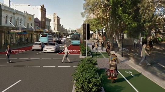 The latest Transport for NSW render of a proposed 1.8 kilometre separated cycleway on Sydney’s Oxford Street.
