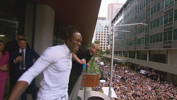 Thousands of screaming fans flocked to meet online YouTube sensations KSI (left) and Logan Paul outside Nine’s Sydney office.