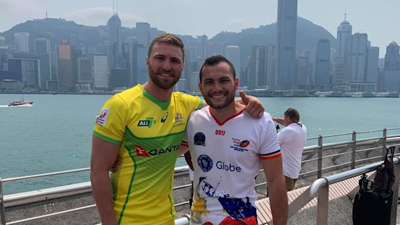 Lewis Holland and Danny Matthews at the Hong Kong sevens launch.