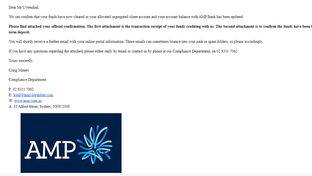 An email Mark Uytendaal received from what he believed to be “AMP”.