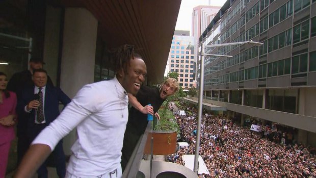 Thousands of screaming fans flocked to meet online YouTube sensations KSI (left) and Logan Paul outside Nine’s Sydney office.