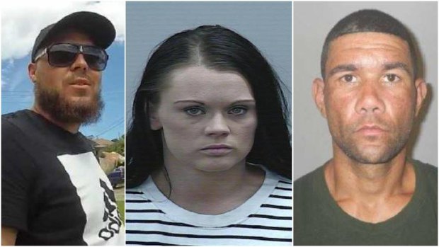 Andrew Russell (right) has been charged with murder; police are still hunting Darren Butler (left) and Holly Green (centre). 