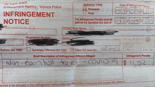 The infringement notice handed to the 17-year-old. 