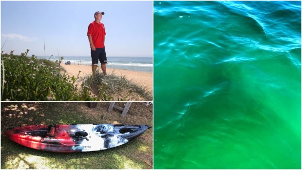 Surf Life Saving Illawarra's Anthony Turner says the same shark, pictured as a shadow in the water at Wollongong's City Beach about midday (right), may have later nudged the kayak (bottom left). 