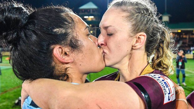 Karina Brown and Vanessa Foliaki embraced at the end of the inaugural women's State of Origin match on Friday. 