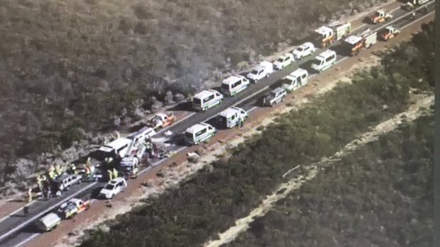 Scene of the crash on Indian Ocean Drive from the Nine News helicopter. 