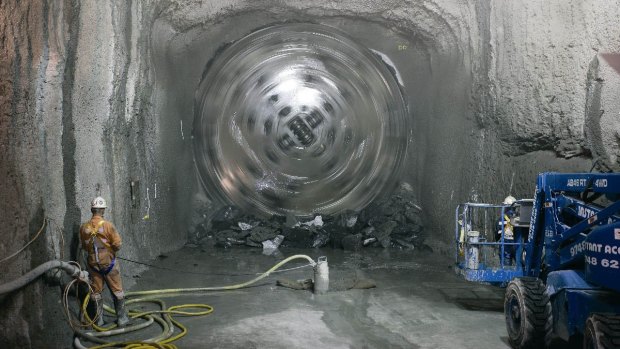 A tunnel boring machine at work on the Epping to Chatswood Rail Line tunnel.