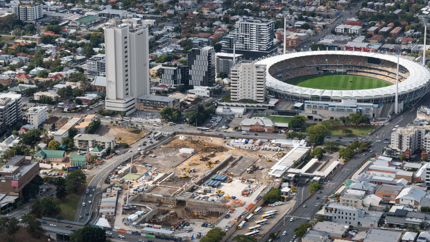 A new underground station is being built at Woolloongabba as part of the Cross River Rail project.