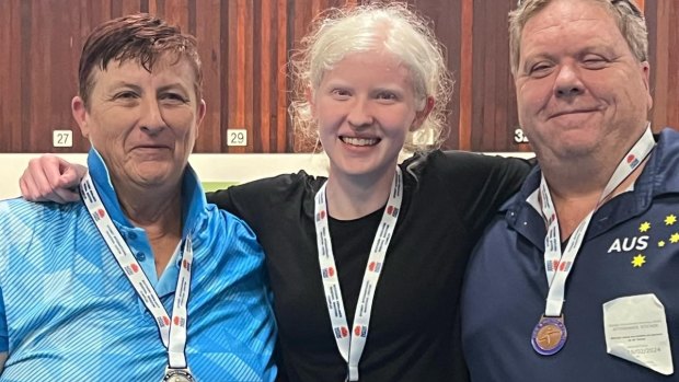 Bronwyn Drew, left, with King, right, after winning silver and bronze medals respectively at the Sydney Cup event in February. South Australia’s Alana Tiller, centre, won gold.