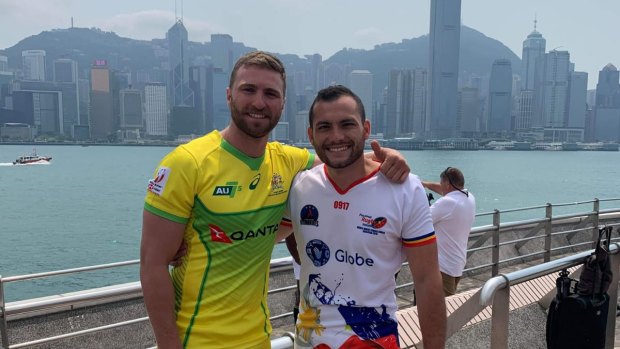 Lewis Holland and Danny Matthews at the Hong Kong sevens launch.