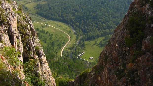 The valley above a cave where Denisovan fossils were found in the Altai Krai area of Russia. 