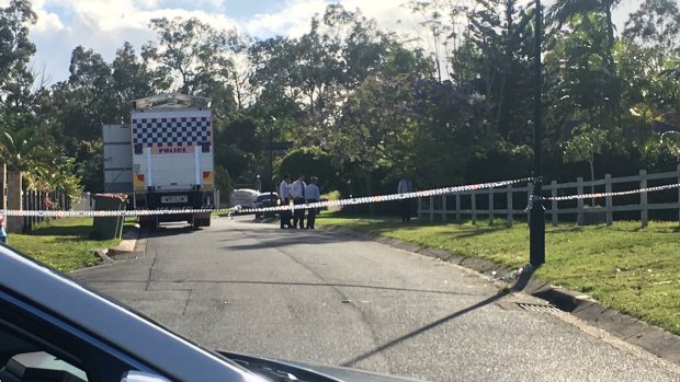 Police at the scene of Kym Cobby’s 2017 murder in Worongary in the Gold Coast hinterland.