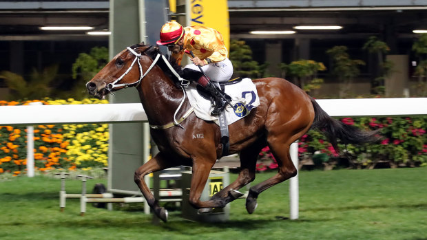 Flying finish: Gold Mount (No. 2), trained by Tony Cruz and ridden by Alberto Sanna, wins the Class 1 Happy Valley Vase (1800m) in Hong Kong, March 2018.