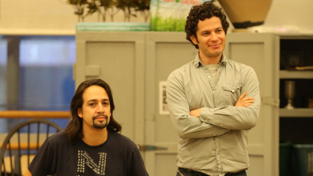 “If I walk by and see Lin digging a hole, I just jump in, grab a shovel and just start digging”: Thomas Kail (right) with Lin-Manuel Miranda watching a rehearsal for Hamilton. 