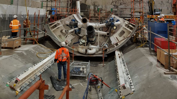 The first of the tunnel boring machines is being put together, on site, in North Melbourne.