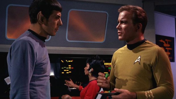 Mr Spock (Leonard Nimoy) and Captain Kirk (William Shatner) in a scene from the Star Trek original series.