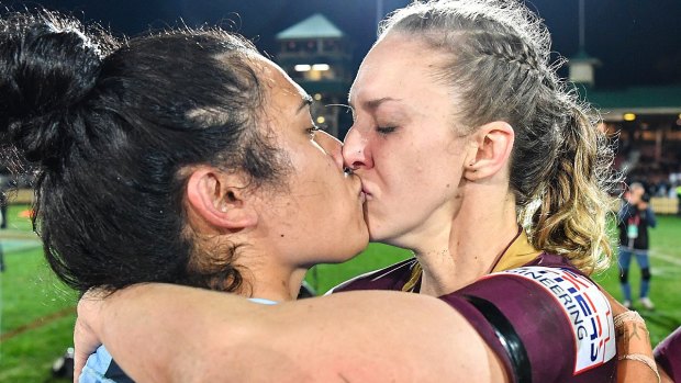 Karina Brown and Vanessa Foliaki embraced at the end of the inaugural women's State of Origin match.