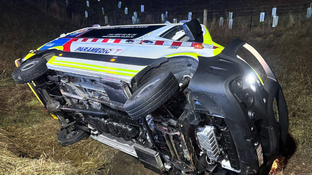 Paramedic Jim Avard’s rolled ambulance.
