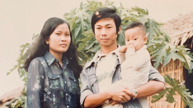 Sophea’s mother and father, Lonn Pin and Kim Chour Heng, with her older brother at the Khao I Dang refugee camp in Thailand 1980.