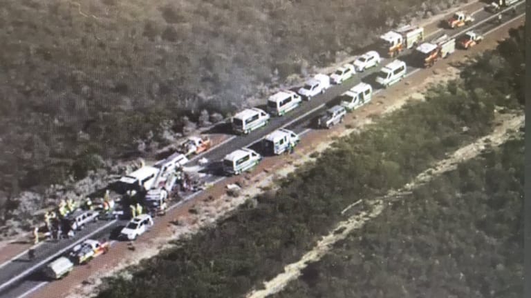 Scene of the crash on Indian Ocean Drive from the Nine News helicopter.