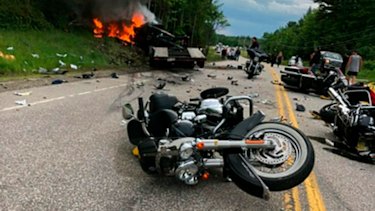The scene where several motorcycles and a pickup truck collided on a rural, two-lane highway in New Hampshire.
