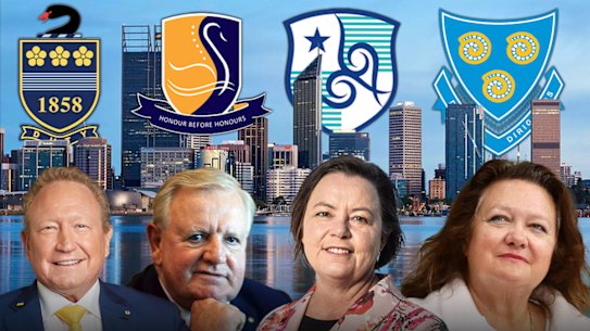 Perth’s most influential people and where in WA they went to school. Andrew Forrest (Hale School), Nigel Satterley (Governor Stirling Senior High School), Madeleine King (Safety Bay Senior High School) and Gina Rinehart (St Hilda’s Anglican School For Girls). 