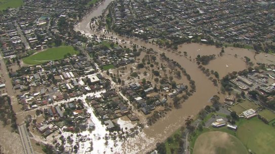 NEWS October 14, 2022. An aerial view of the Maribyrnong flood waters beginning to slowly recede. Credit: Nine News