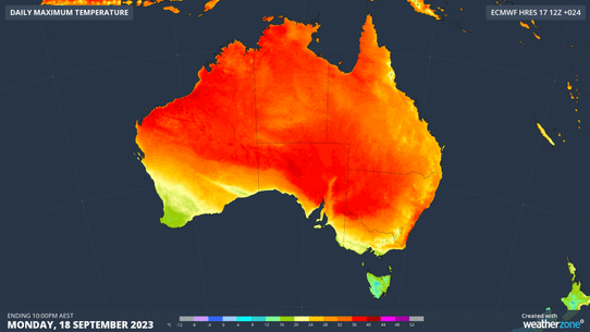 Three maps showing the forecast maximum temperatures across Australia during the next 3 days, based on data on the ECMWF-HRES model.