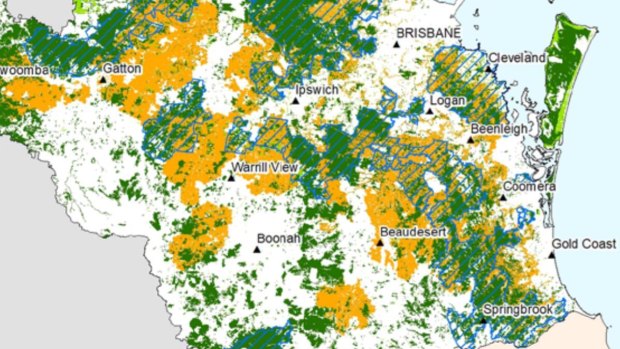 Blue-hatched areas show critical koala habitat south of Brisbane in August 2020.