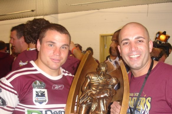 Robbie Melhem, right, partying with Manly players when they won the grand final in 2008. There is no suggestion that any of the Manly players was involved in Melhem's offences.