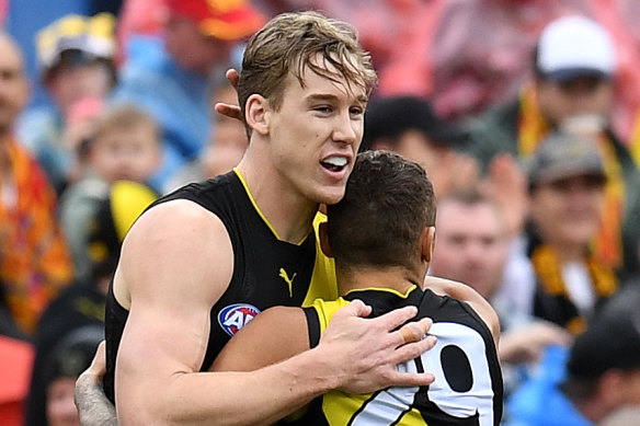 Tom Lynch celebrates a goal during the Tigers demolition of the Gold Coast Suns on Saturday.