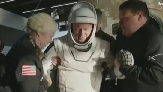 In this image provided by NASA, a SpaceX capsule is onboard a recovery vessel in the Gulf of Mexico, on Tuesday, March 18, 2025, after it lands off the coast of Florida with NASA astronauts Suni Williams, Butch Wilmore and Nick Hague, and Russian cosmonaut Alexander Gorbunov.