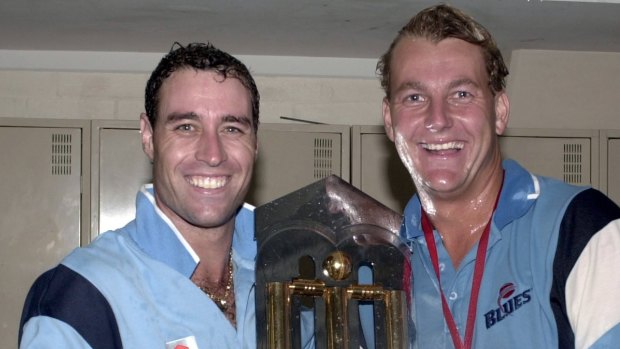 Posterity: Michael Bevan with Shane Lee after NSW's victory in the 2001 one-day final, then known as the Mercantile Mutual Cup.