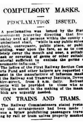 "Compulsory masks - proclamation issued": from the Sydney Morning Herald, January 31, 1919.