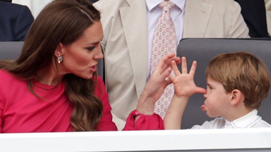 Problem child? Prince Louis puts on a performance for mother Kate Middleton at the Queen’s Platinum   Jubilee. 