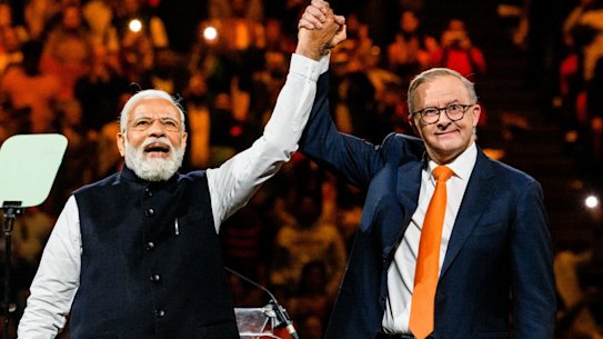 Indian Prime Minister Narendra Modi on stage with Australian prime minister Anthony Albanese in Sydney last week.