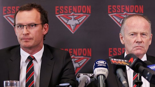 Essendon chief executive Xavier Campbell and chairman Lindsay Tanner