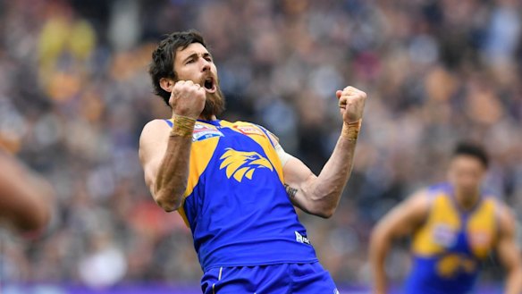 Victorious: Josh Kennedy celebrates a West Coast goal.