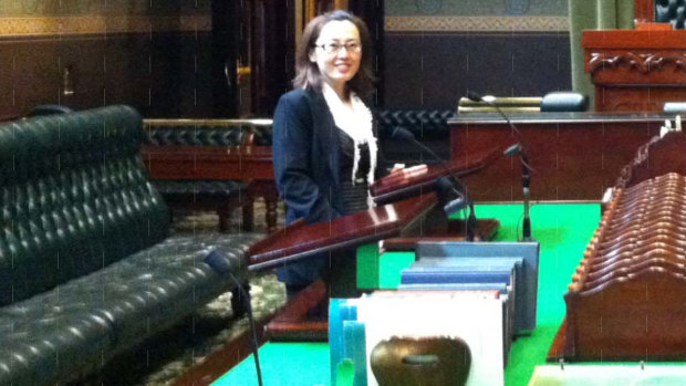 Maggie Wang inside NSW Parliament House on a visit to meet then-Liberal MP for Wagga Wagga, Daryl Maguire.