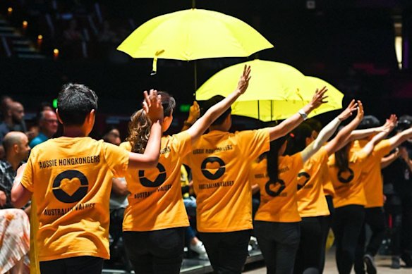 The Hong Kong Cultural Association of South Australia, seen in a performance earlier this year. They wanted to use umbrellas as one of their props for a workshop at the OzAsia festival in Adelaide. 