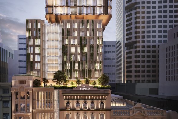 Renders of the IHG and City Tattersalls Club’s new Hotel Indigo Sydney Centre, which developers plan to open in 2025 in Sydney’s CBD.