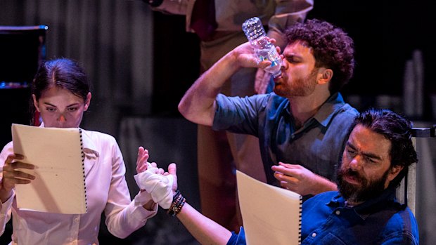 From left: Rose Riley, Faisal Hamza and Eden Falk reflect in A Mirror.