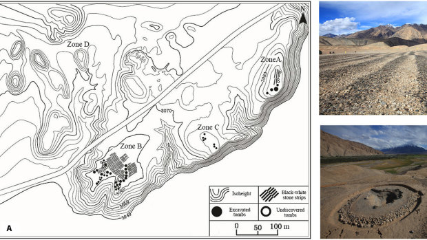 A larger map of the Jirzankal cemetery in China (left) and details of the landscape where researchers found the braziers.